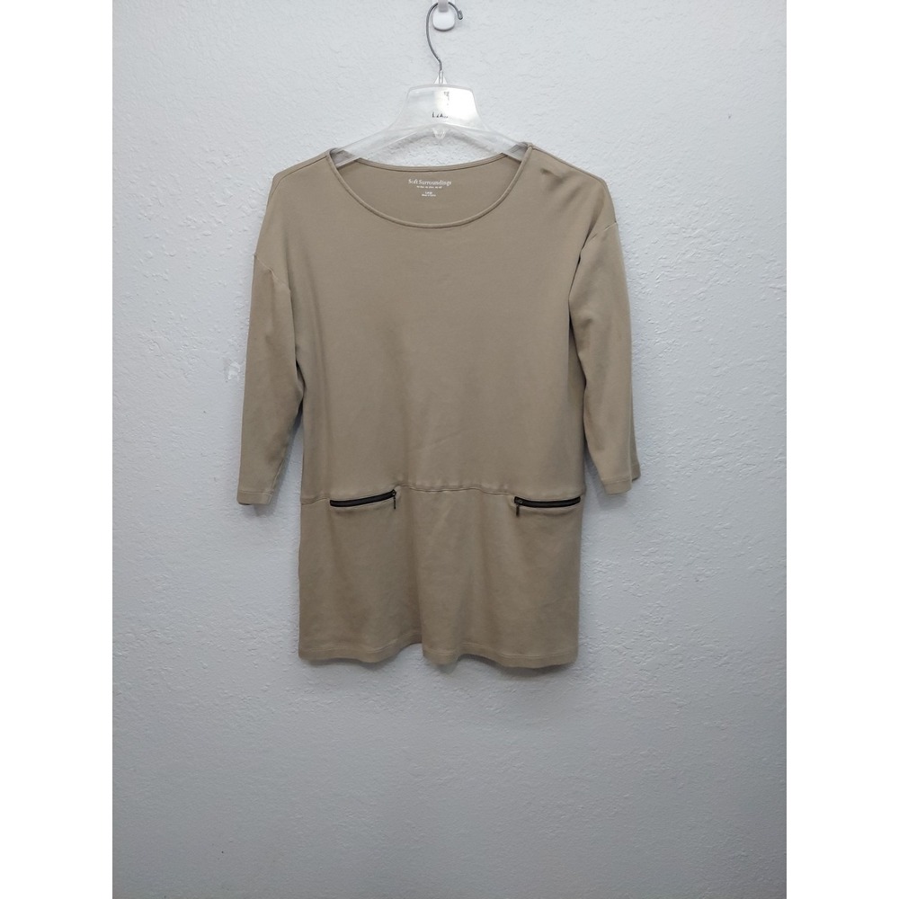 Soft Surroundings Moda Tunic Top Womens Large Tan Zip Pockets 3/4 Sleeve Cotton